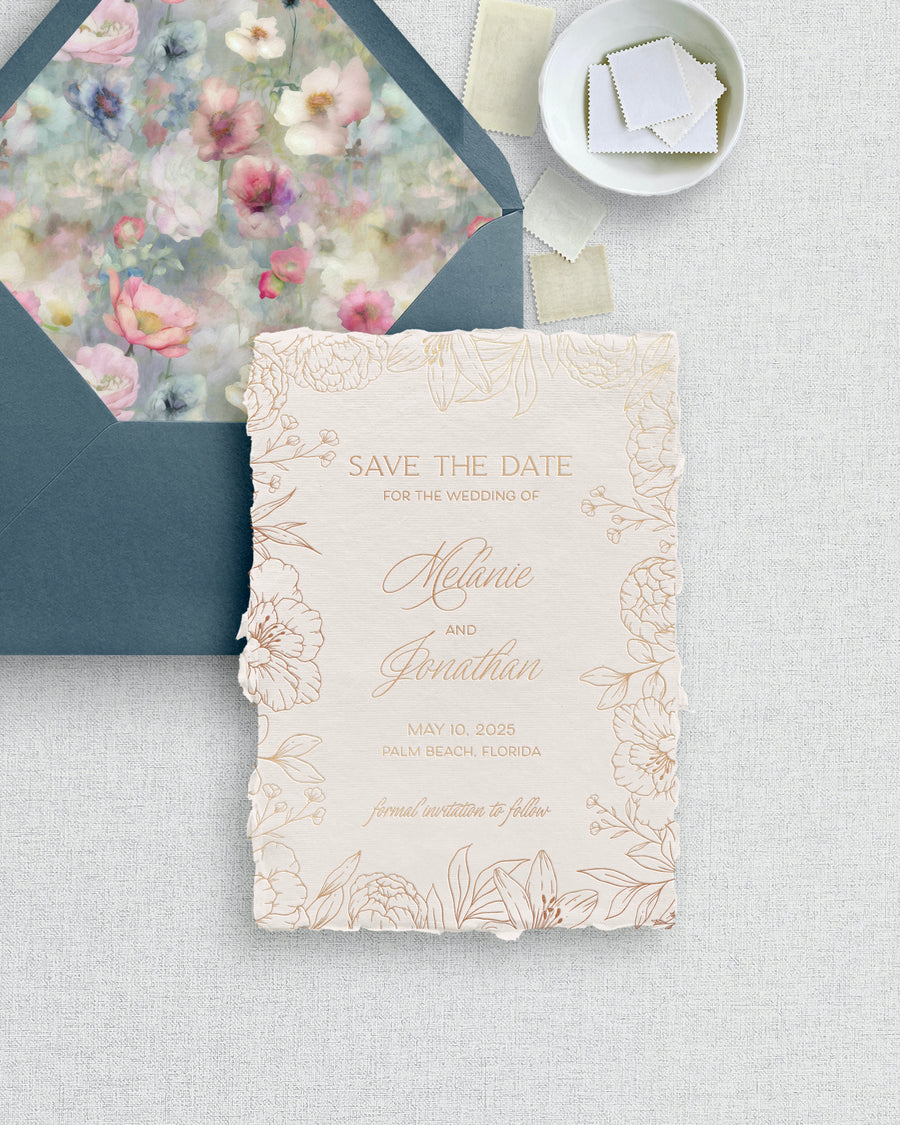 Melanie |  Foil Pressed Save the Date on Handmade Paper