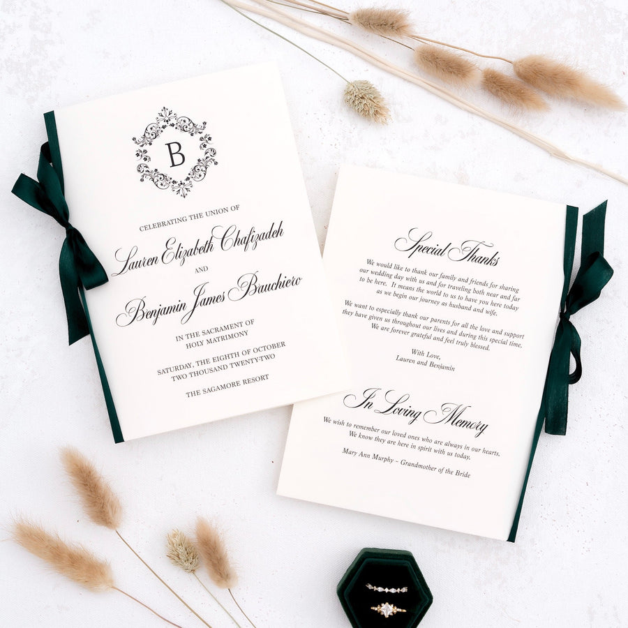 Wedding Program Booklet with Hunter Green Silk Ribbon Sample