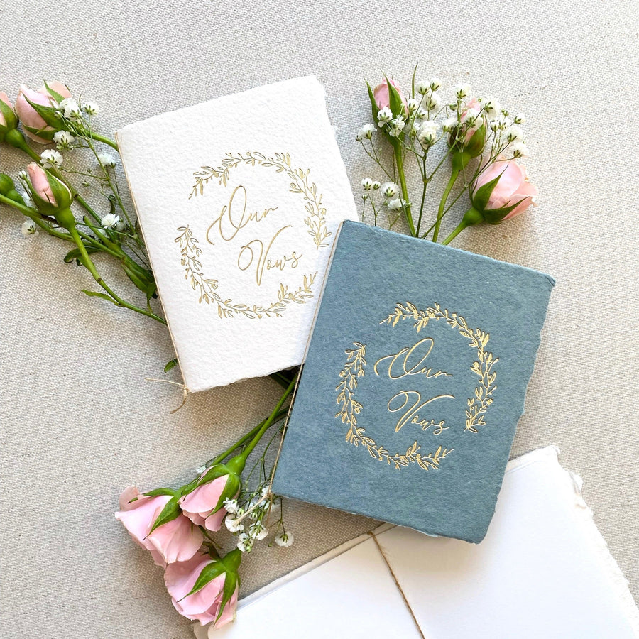 Dusty Blue Handmade Paper Vow Book with Gold Foil