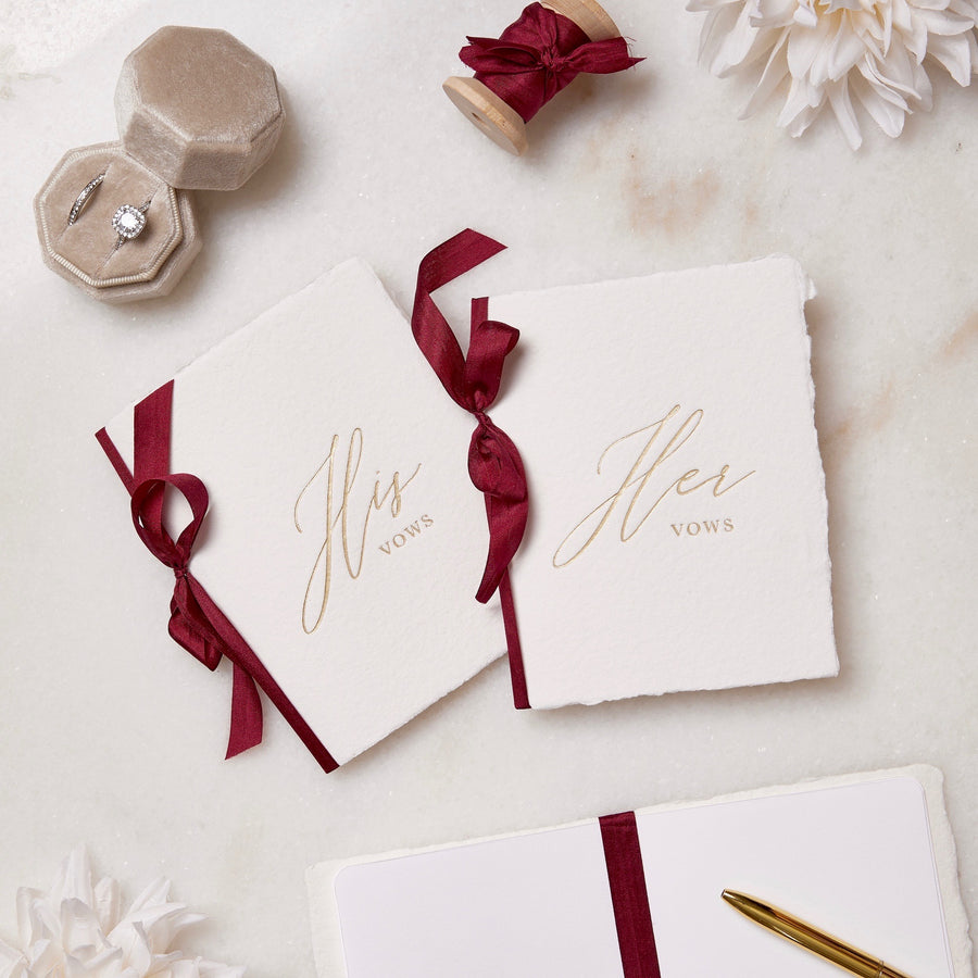Handmade Paper Vow Books with Wine Silk Ribbon