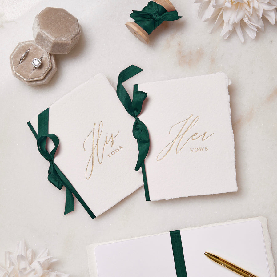 Handmade Paper Vow Books with Forest Green Silk Ribbon